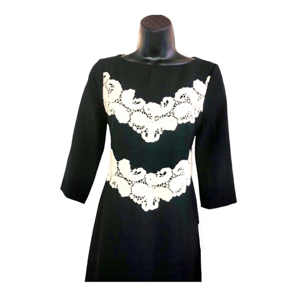 Maggy London black mod A-line style embroidered crochet mid sleeve dress size‎ 4 - Picture 3 of 15